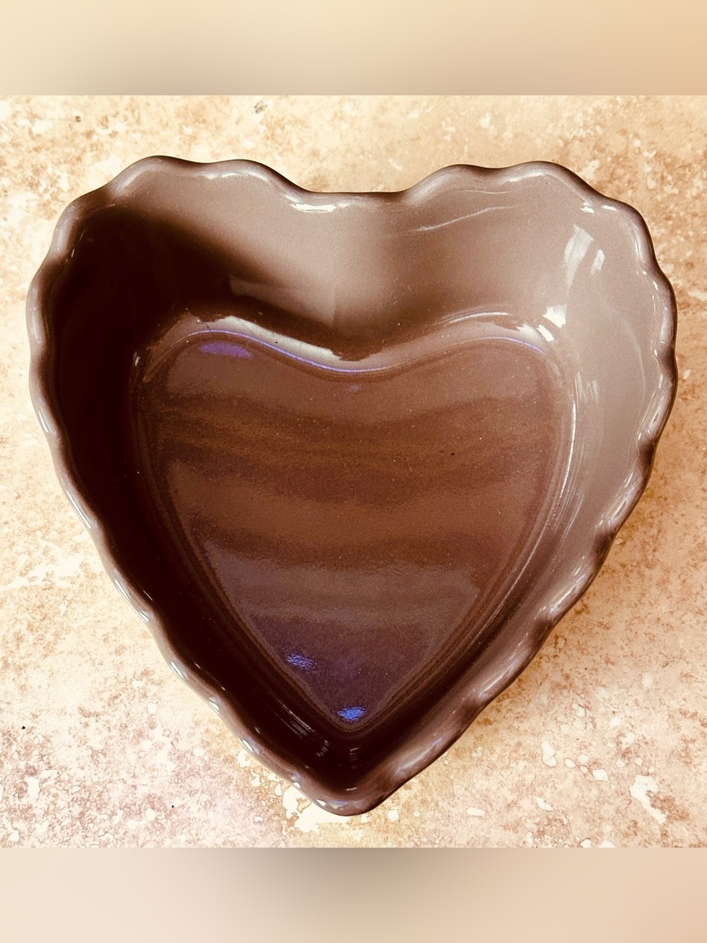Ceramic Heart Baking Dish 7"x6.5"x1.75" Ruffled Rim Taupe Brown CottageCore EUC